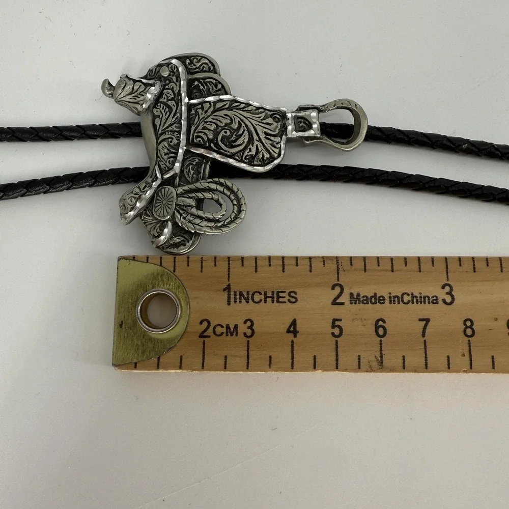 Lebow Western Saddle Bolo‎ Tie Silver Tone Mens Black Braided Cord Tips Cowboy